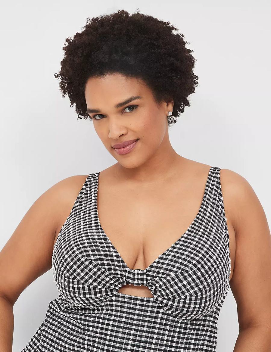 Women Lane Bryant Underwire Knot-Front Tankini Bikini Top Black White | UHD1817JD