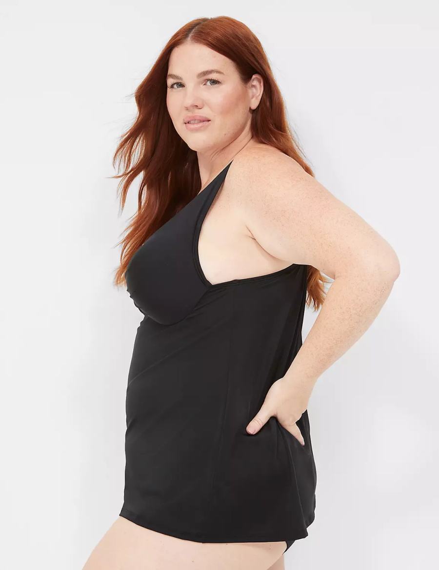 Women Lane Bryant Underwire O-Ring Tankini Bikini Top Black | IPQ472US