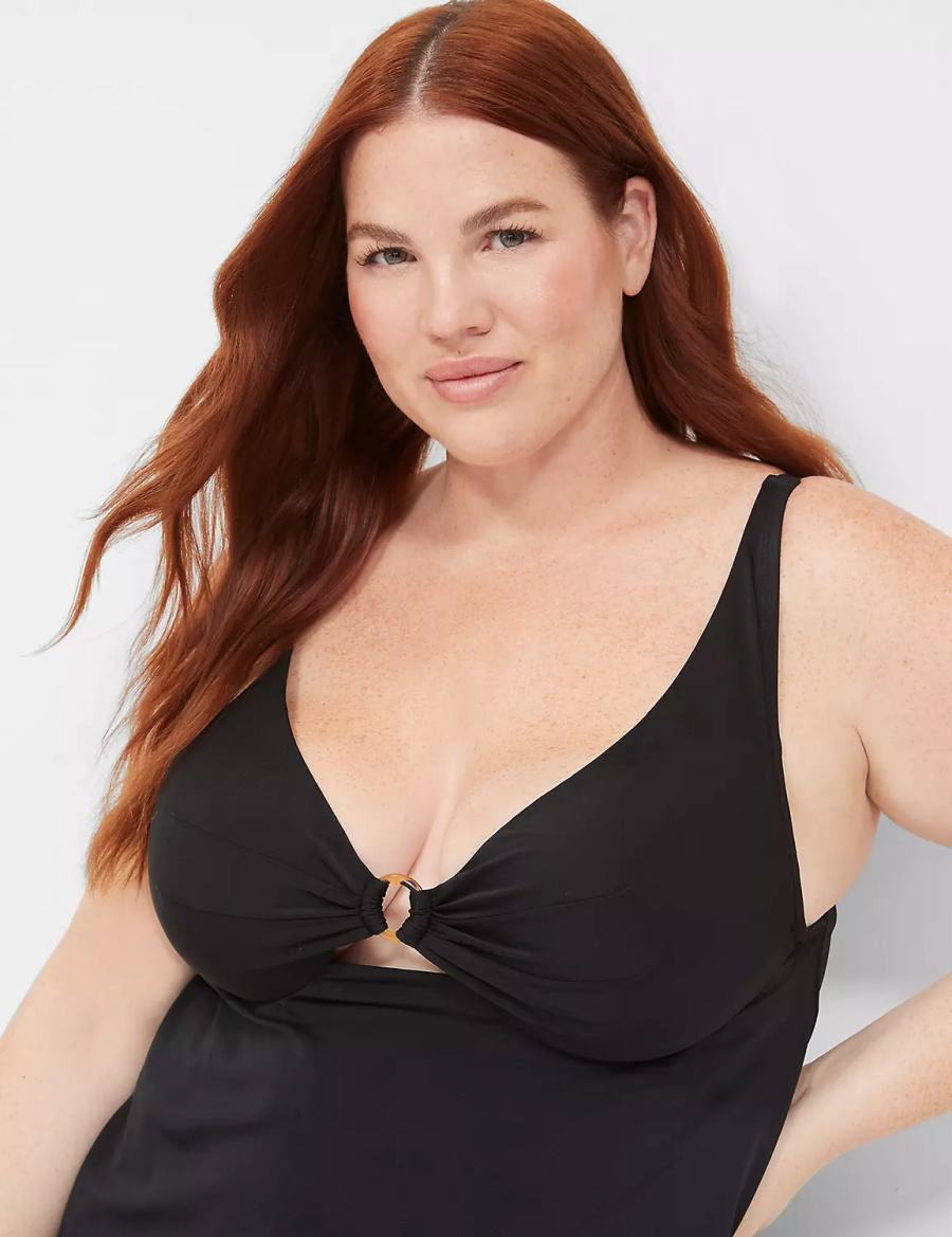 Women Lane Bryant Underwire O-Ring Tankini Bikini Top Black | IPQ472US
