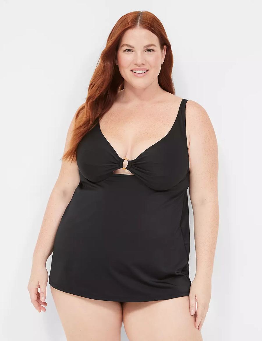 Women Lane Bryant Underwire O-Ring Tankini Bikini Top Black | IPQ472US