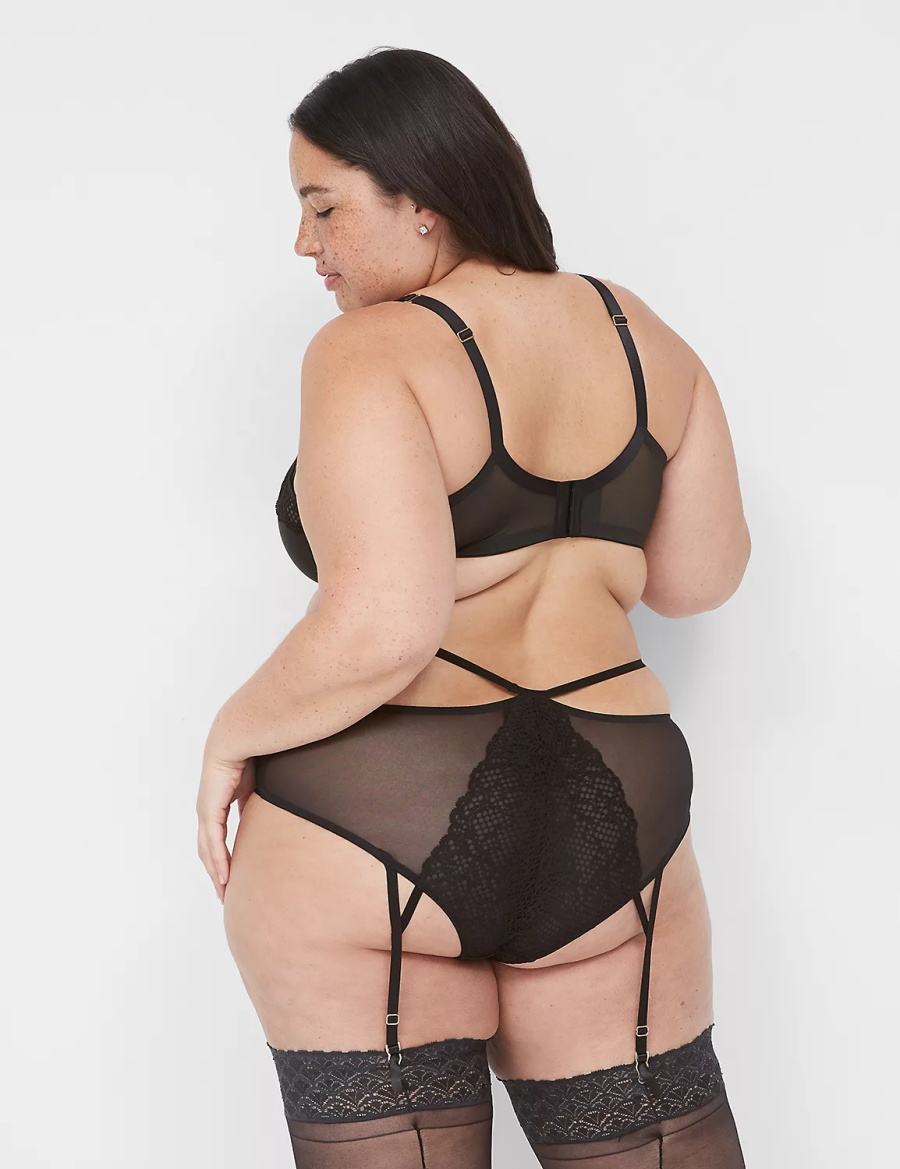 Women Lane Bryant Unlined Caged Lace Balconette Bra Black | QEU6432RQ