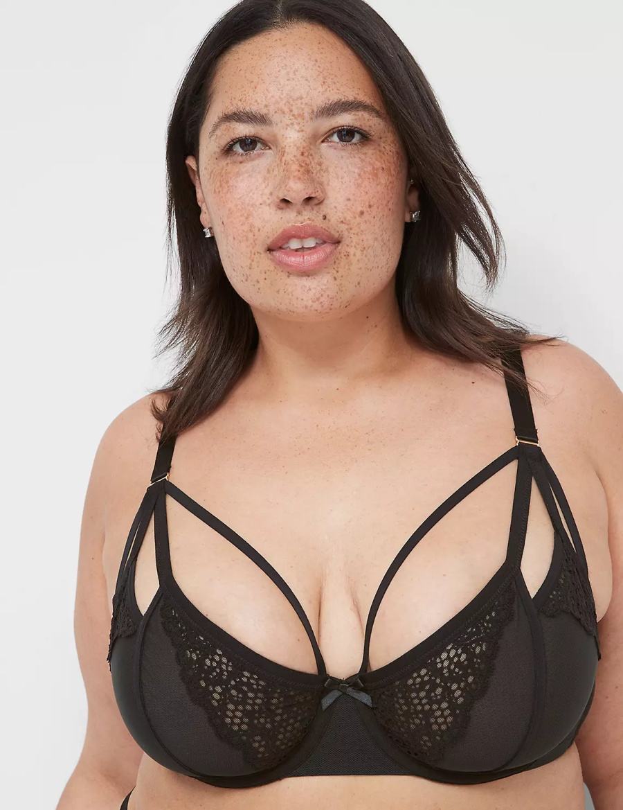 Women Lane Bryant Unlined Caged Lace Balconette Bra Black | QEU6432RQ