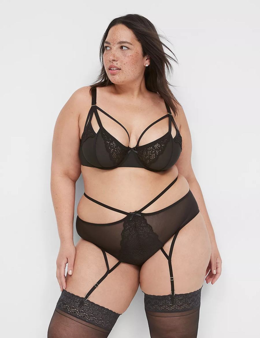 Women Lane Bryant Unlined Caged Lace Balconette Bra Black | QEU6432RQ
