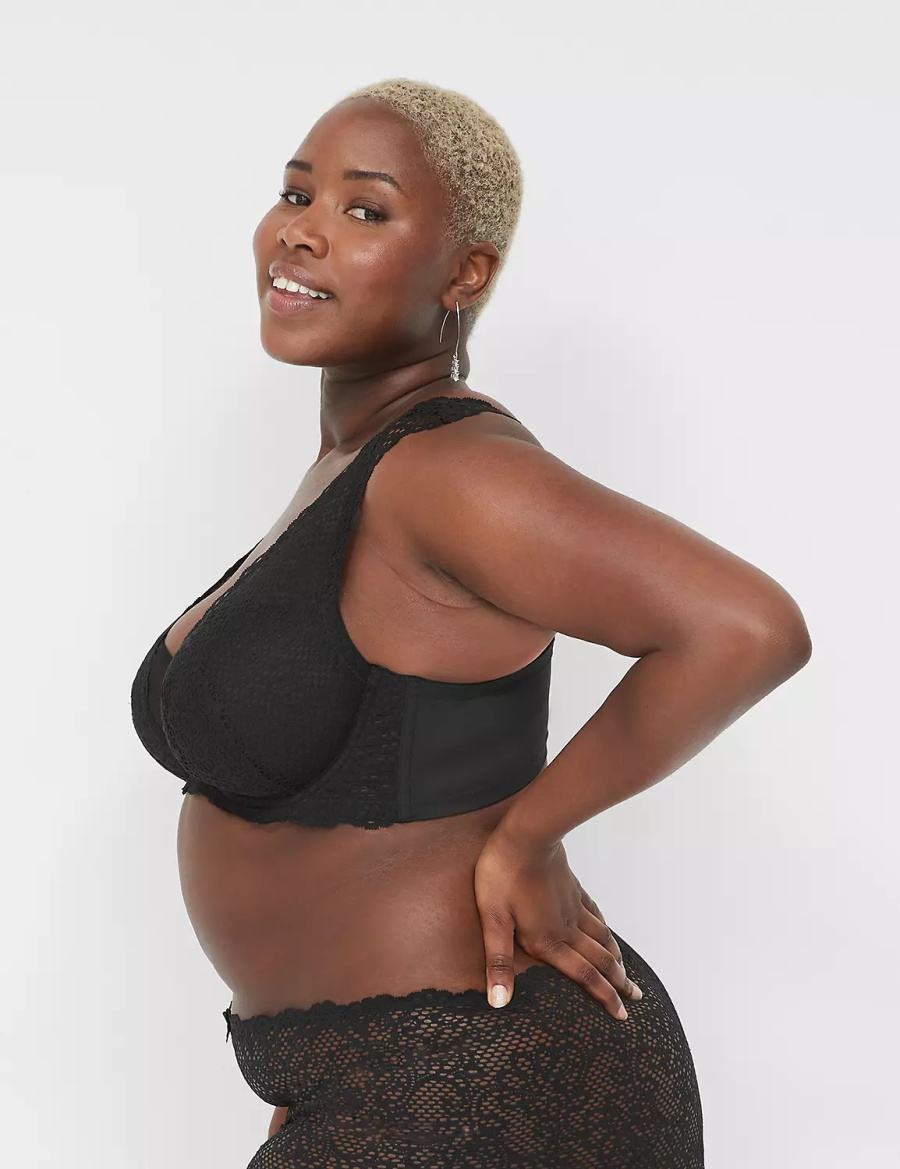 Women Lane Bryant Unlined Layered Cap-Sleeve Balconette Bra Black | BDT395MO