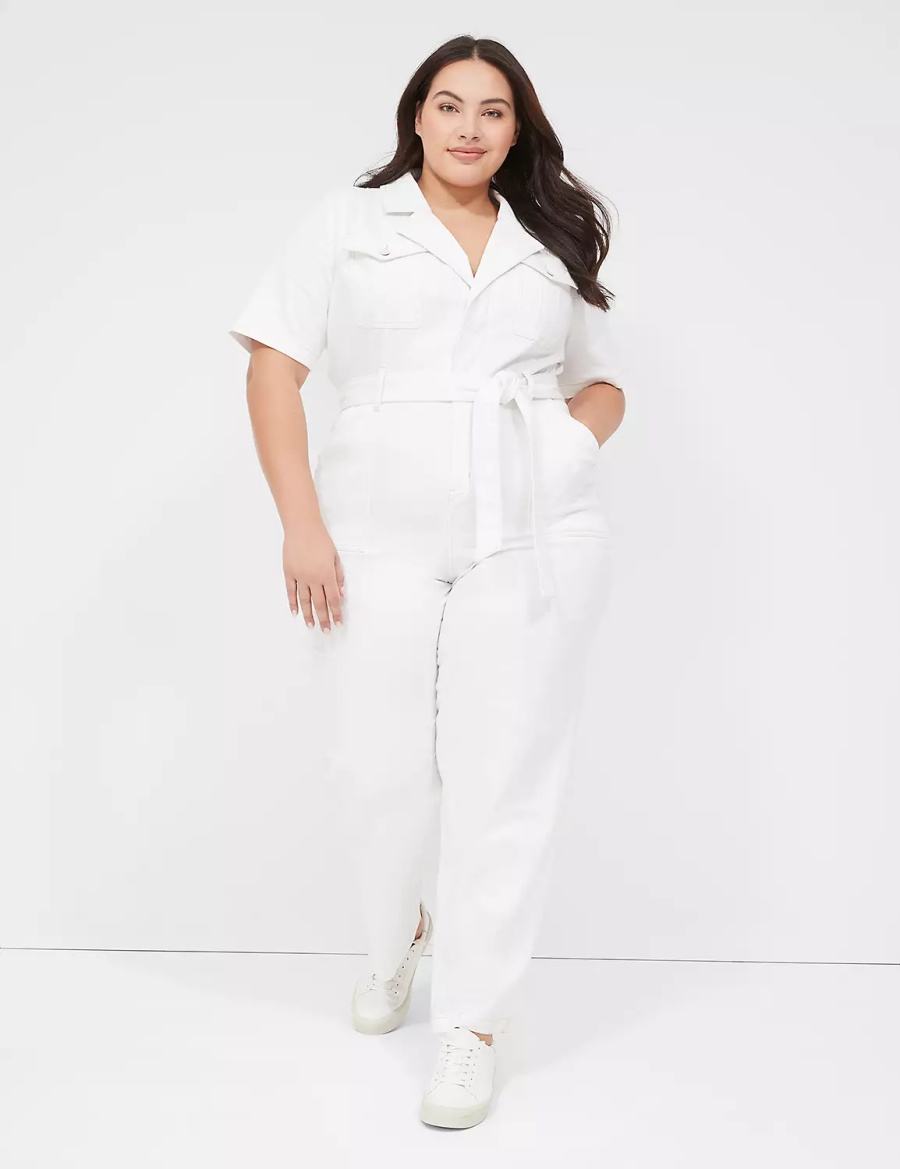 Women Lane Bryant Utility Straight Leg Denim Jumpsuit White | BWV9316YU