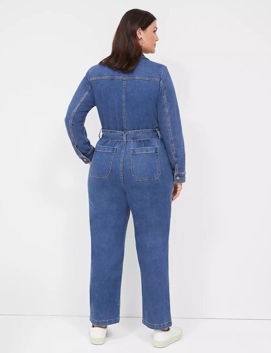 Women Lane Bryant Utility Straight Leg Denim Jumpsuit Blue | YWF5437GQ