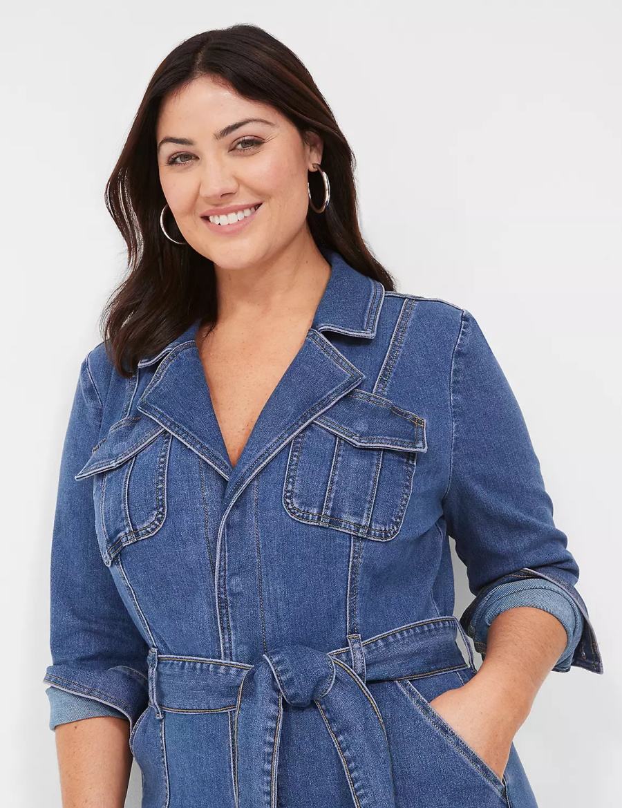 Women Lane Bryant Utility Straight Leg Denim Jumpsuit Blue | YWF5437GQ