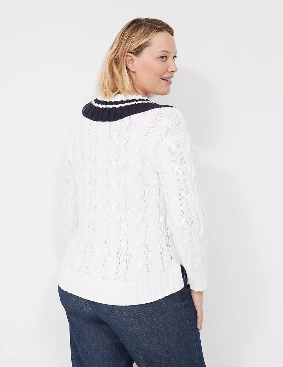 Women Lane Bryant V-Neck Cable Pullover Sweaters White | SWW2534SA
