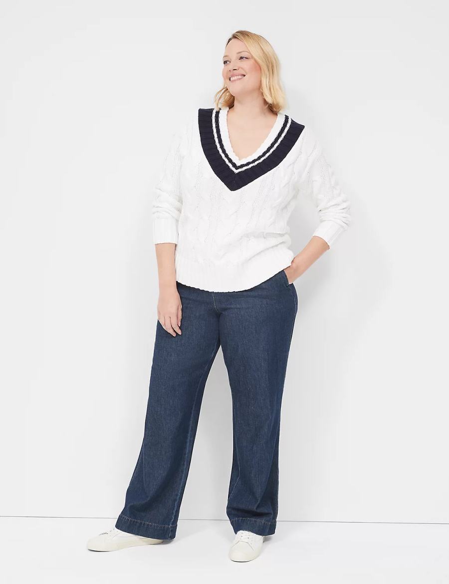 Women Lane Bryant V-Neck Cable Pullover Sweaters White | SWW2534SA