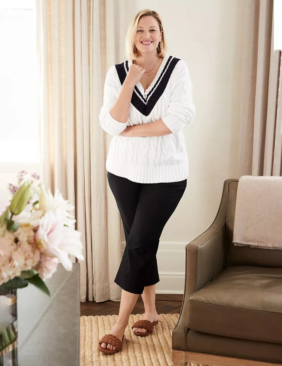 Women Lane Bryant V-Neck Cable Pullover Sweaters White | SWW2534SA
