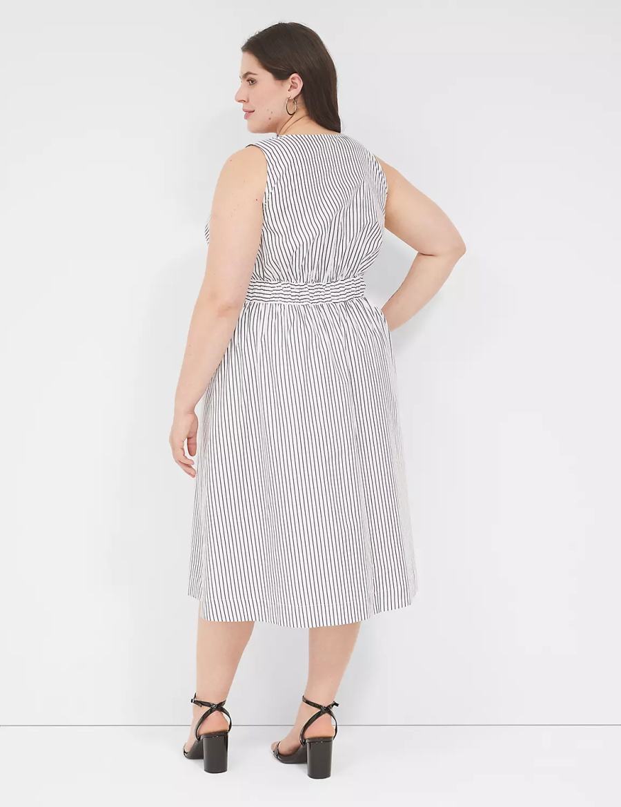 Women Lane Bryant V-Neck Elastic-Waist Midi Dress White Black Stripes | LTP146UQ