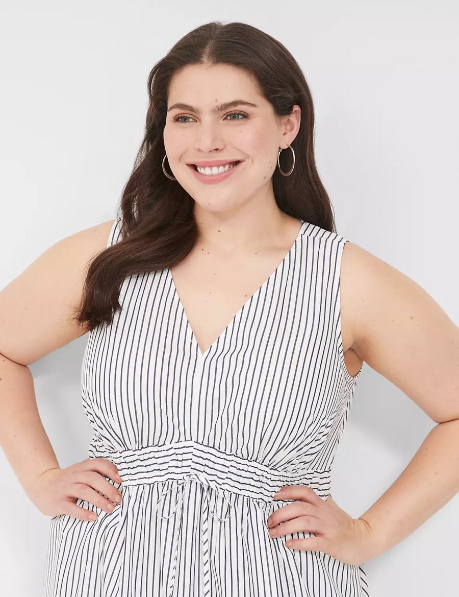Women Lane Bryant V-Neck Elastic-Waist Midi Dress White Black Stripes | LTP146UQ