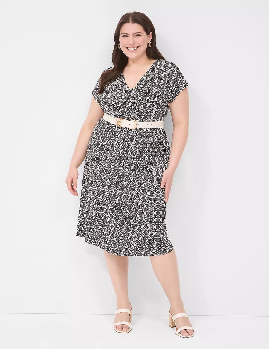Women Lane Bryant V-Neck Pleat-Front Jersey Midi Dress Black | VBO3518QD