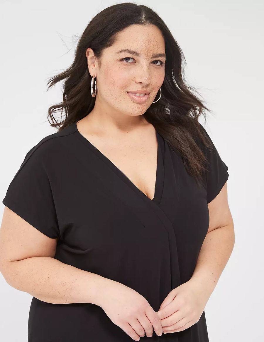 Women Lane Bryant V-Neck Pleat-Front Jersey Casual Dress Black | NZG2989II