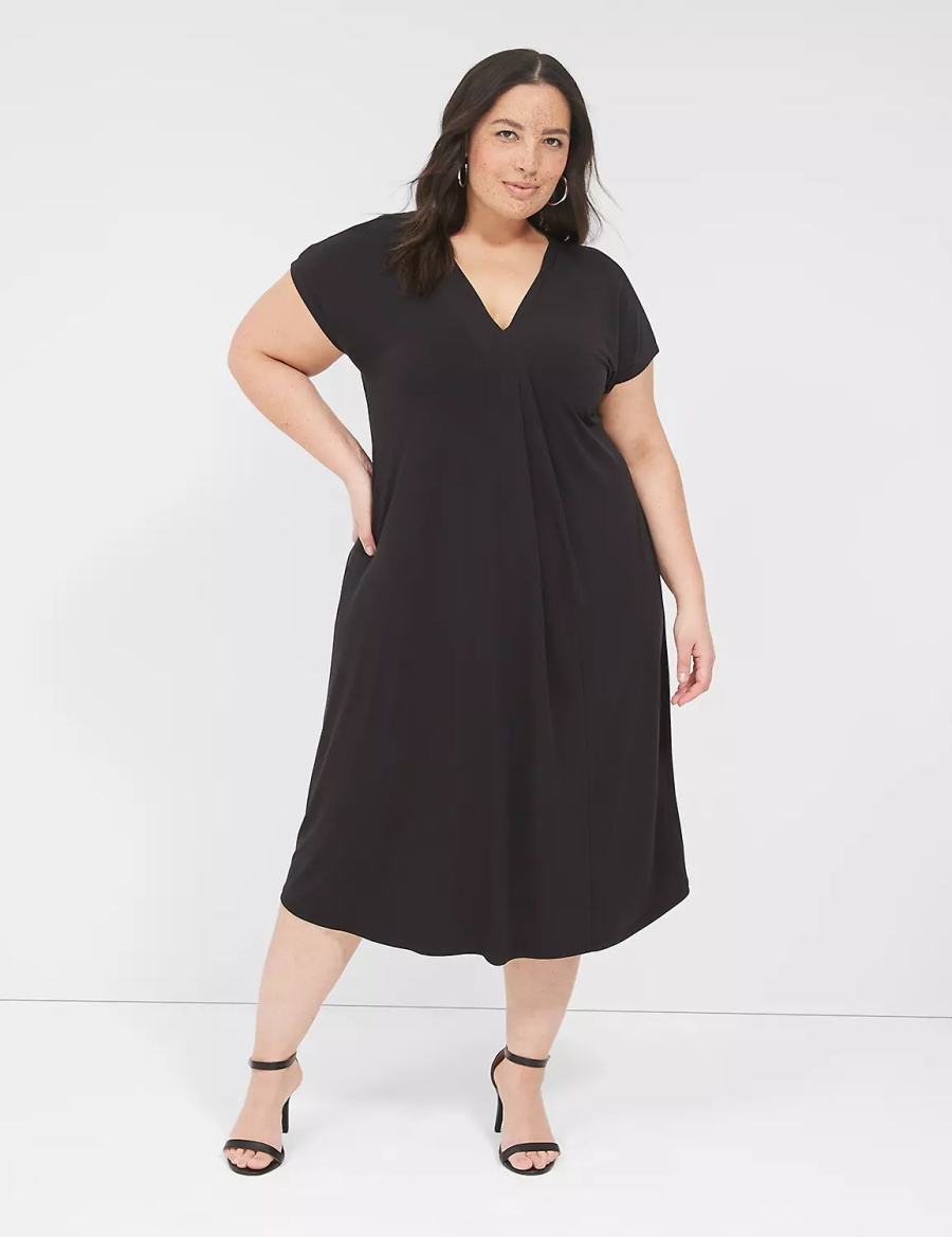 Women Lane Bryant V-Neck Pleat-Front Jersey Casual Dress Black | NZG2989II