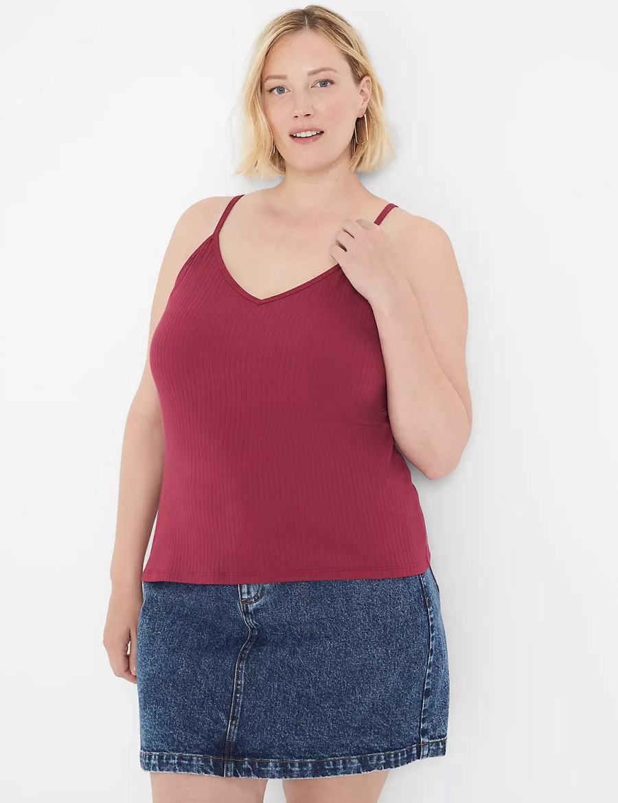 Women Lane Bryant V-Neck Rib Cami Tank Top Burgundy | OQV646FT