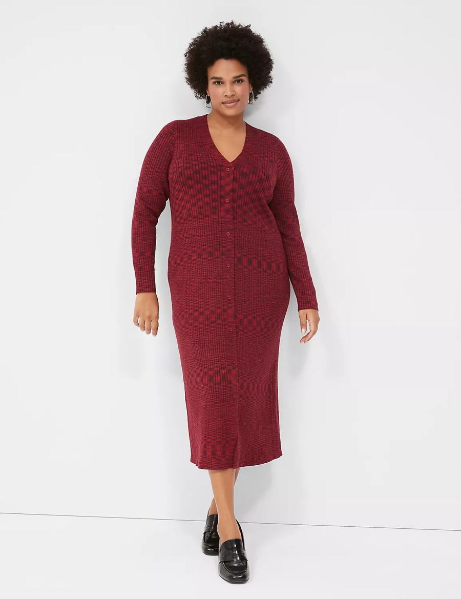 Women Lane Bryant V-Neck Rib Sweater Midi Dress Dark Red | VDT83100LP