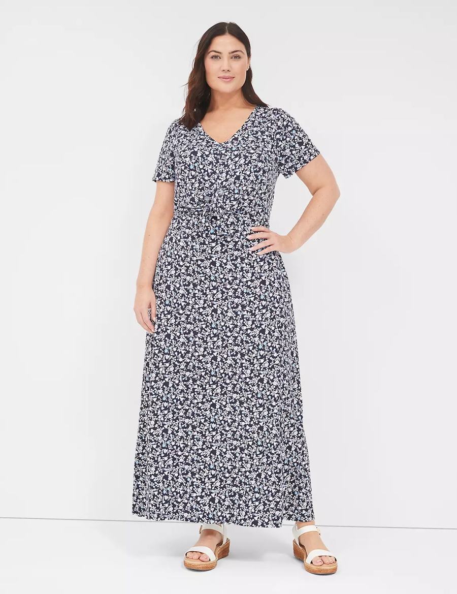Women Lane Bryant V-Neck Waist-Knot Jersey Maxi Dress Blue Purple | EGS1788EJ