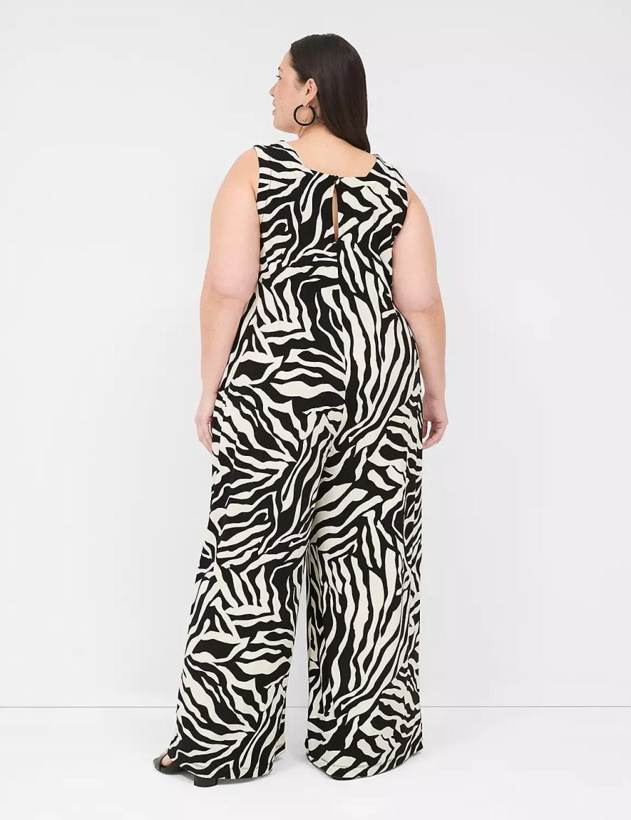 Women Lane Bryant V-Neck Wide Leg Jersey Jumpsuit White Black | AXZ6162FO