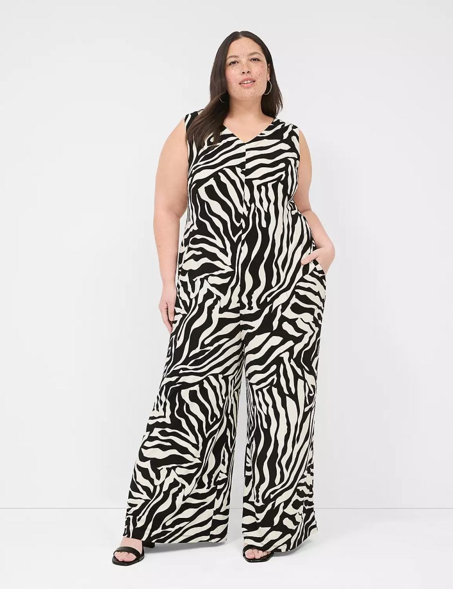 Women Lane Bryant V-Neck Wide Leg Jersey Jumpsuit White Black | AXZ6162FO