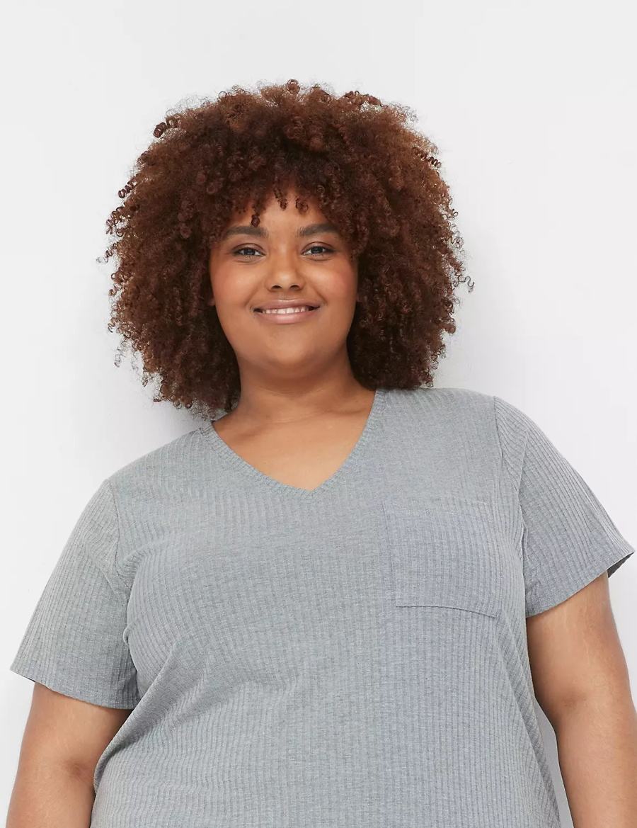 Women Lane Bryant Wide Rib Pocket V-Neck Tee T Shirts Grey | HYD8446PV