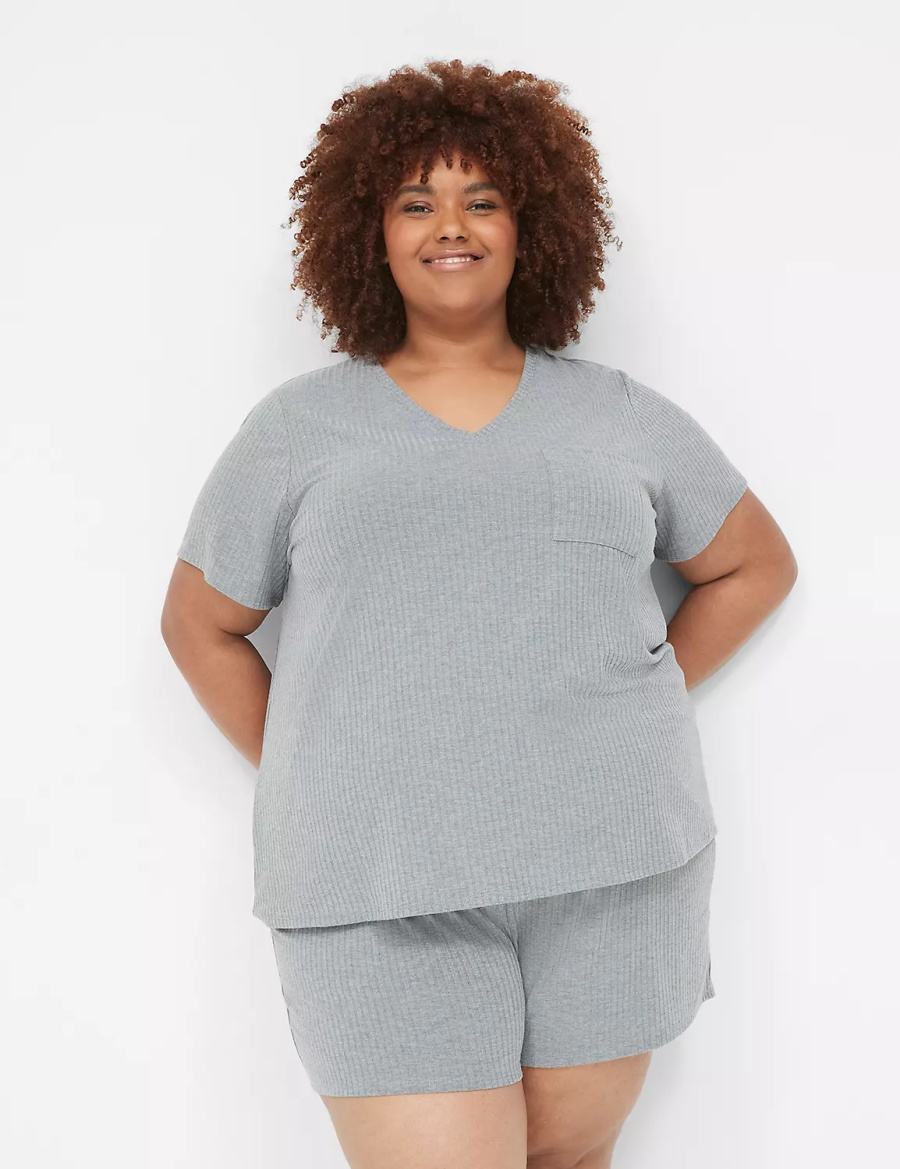 Women Lane Bryant Wide Rib Pocket V-Neck Tee T Shirts Grey | HYD8446PV