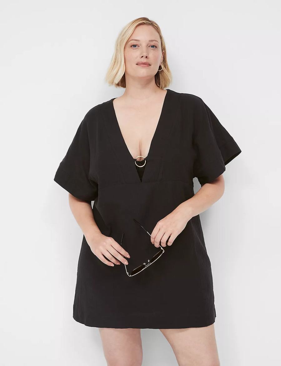 Women Lane Bryant Woven O-Ring Dolman Cover Ups Black | XGC181KD