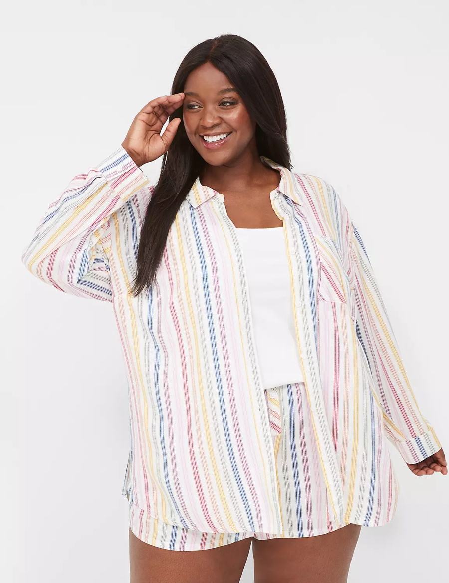Women Lane Bryant Woven Print Mix Sleep Shirts White Multicolor Stripes | OUF2866TF
