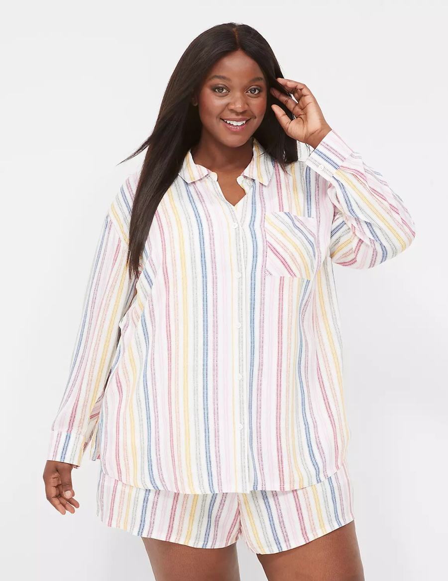 Women Lane Bryant Woven Print Mix Sleep Shirts White Multicolor Stripes | OUF2866TF