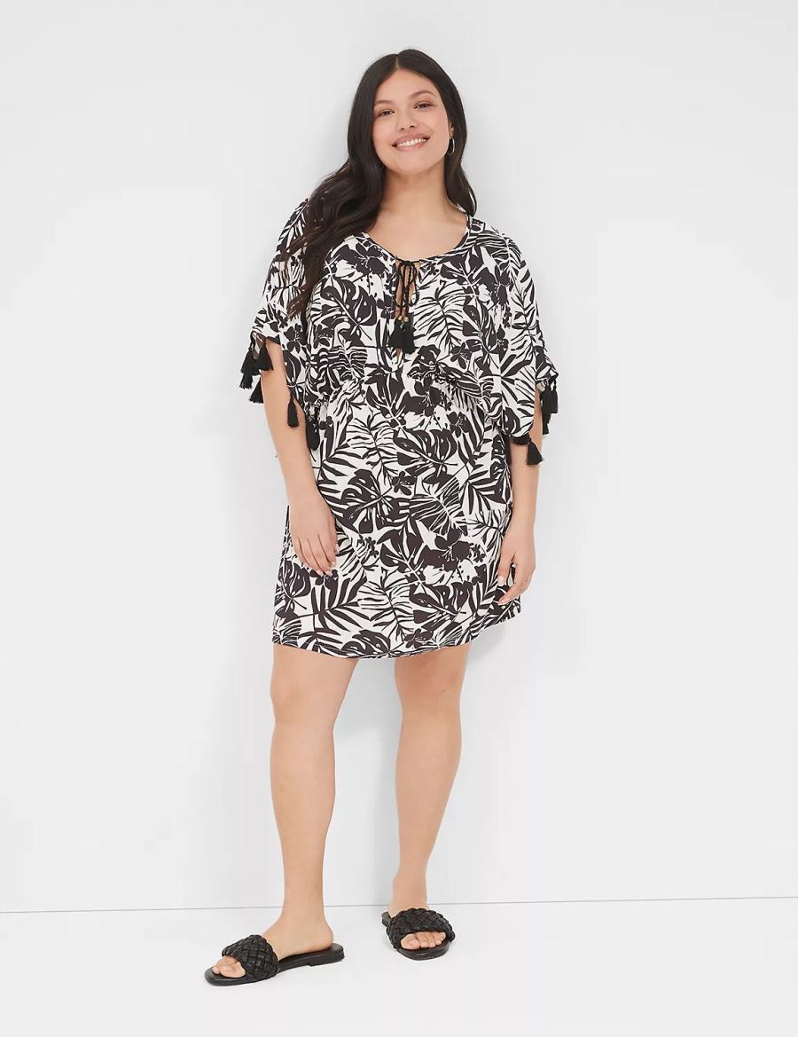 Women Lane Bryant Woven Tassel-Trim Cover Ups Black White | ENU4167GT