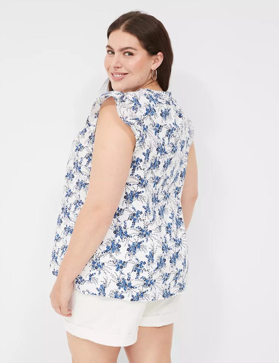 Women Lane Bryant Woven & Knit Cap Flutter-Sleeve Top Blouse Blue White | RDQ271VM