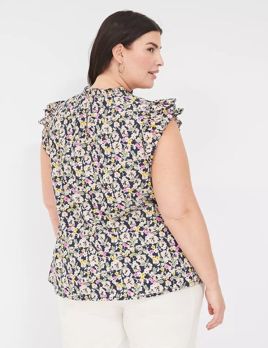 Women Lane Bryant Woven & Knit Ruffle Cap-Sleeve Blouse Black Multicolor | RPL10072ZS