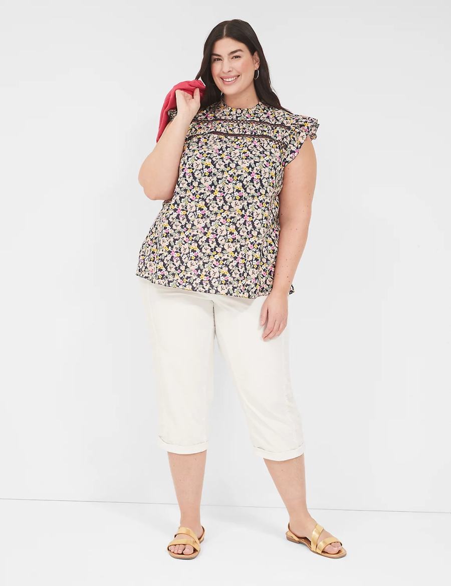 Women Lane Bryant Woven & Knit Ruffle Cap-Sleeve Blouse Black Multicolor | RPL10072ZS